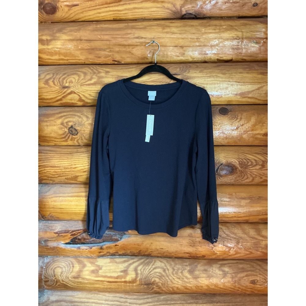 Chicos Zenergy Navy Blue Pleated Bell Sleeve Top NWT Size 1 M Adjustable Cuffs‎